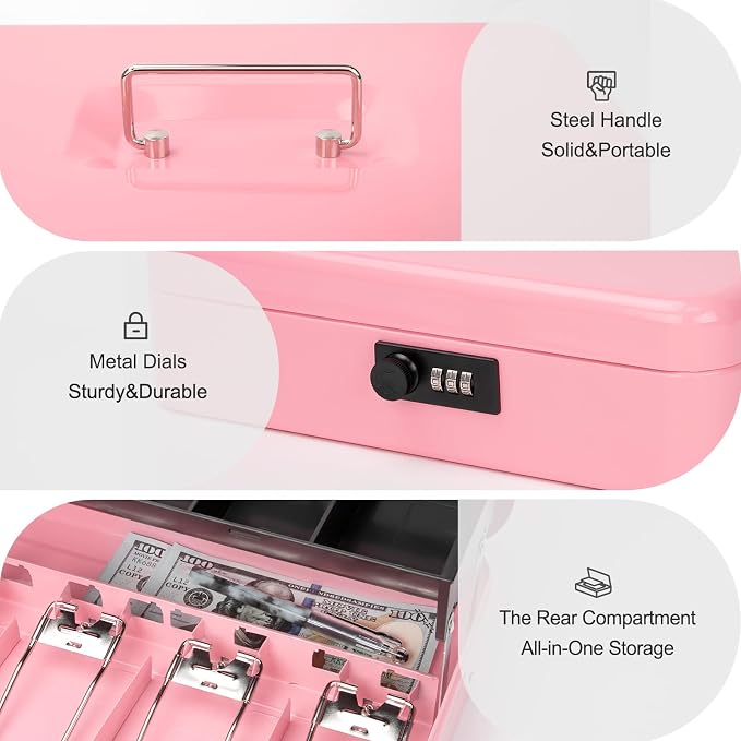 Jssmst Locking Metal Cash Box with Coin Lid, 11.8L x 9.5W x 3.5H Inches, Safe Money Box with Combination Lock, Pink, SM-CB0516P
