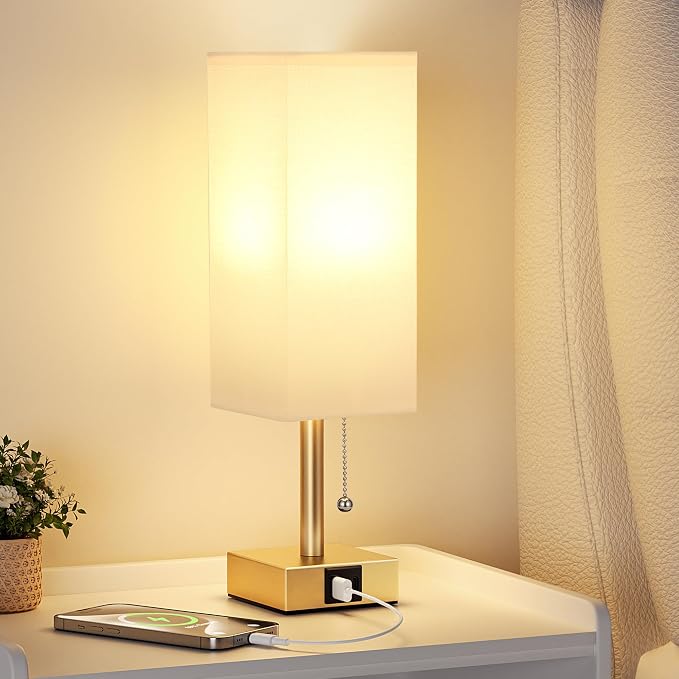 Gold Bedside Table Lamp for Bedroom - Desk Lamp For Nightstand, USB C+A | Pull Chain Lamp, 3 Color Modes(3000K/4000K/5000K), E26 LED Bulb Included, Square White Fabric Lampshade, for Read, Work, Dorm