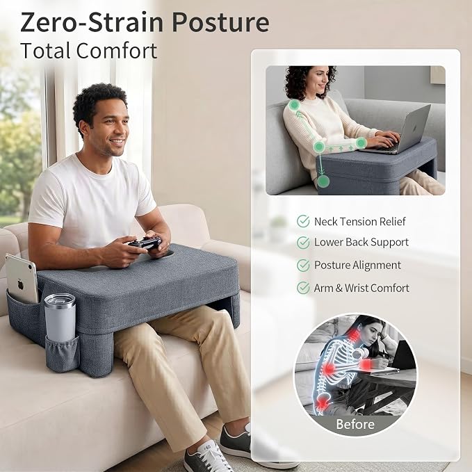 Septsun 26" Extra Wide Lap Desk Pillow, Laptop Desk for Couch and Bed | Modern Gray Large Soft Foam Workstation with Ergonomic Armrest Elbow Relief; Mouse-ready Fabric, Cup Holder, Sofa Gaming