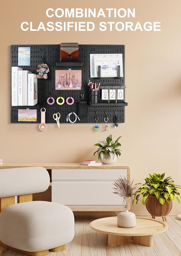 Pegboard Wall Organizer Kit – Heavy Duty 20lbs Load Bearing, Easy Installation, 4 Peg Board Panels 14 Accessories – Multi-Surface Use For Garage, Office, Kitchen & Crafts (Black Pegboard,24″×24″) | 24 x 24 Inch Modular Peg Board Panels with 14 Accessor...