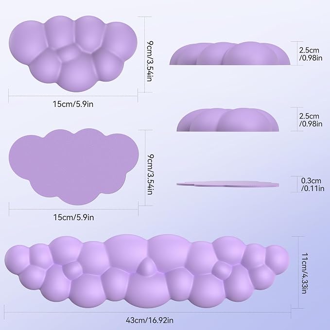 TECKNET Cloud Keyboard Wrist Rest Set, Cloud Wrist Rest with Non-Slip Base, PU Leather Wrist Pad for Keyboard with Ergonomic Memory Foam for Computer Laptop Office Gaming and Pain Relief, Purple