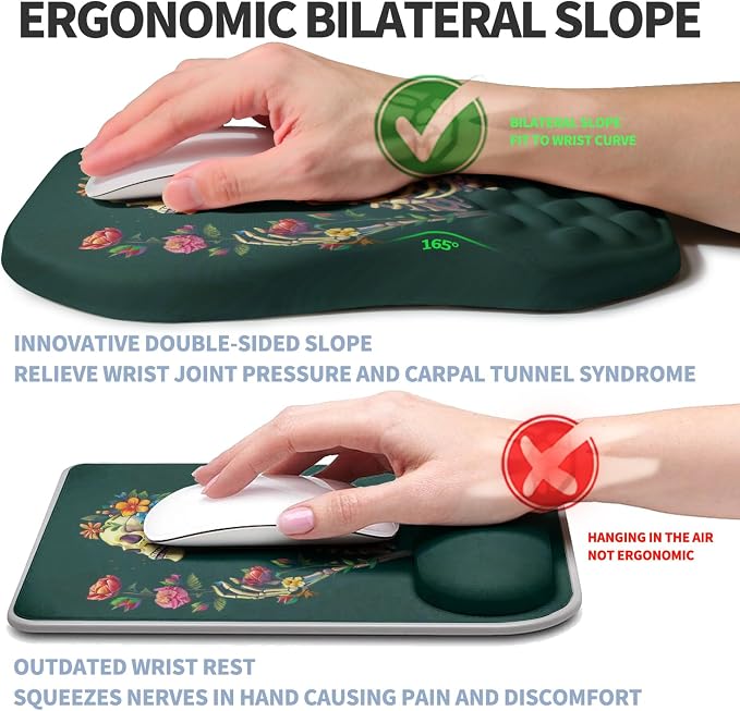 Ergonomic Raised Mouse Pad Wrist Support with Bilateral Slope Memory Foam Mousepad for Wrist Rest and Carpal Tunnel Pain Relief 11.8x7.9〃Skeleton Flower