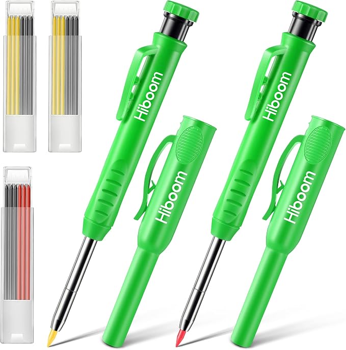 Hiboom 2 Pack Carpenter Pencils with Pencil Cap and 18 Refills, Green | Mechanical Pencil, Deep Hole Marking, Built-In Sharpener, Long Nose Tip, Pocket Clip, Marks Many Surfaces, Woodworking Use