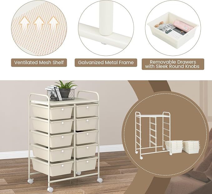 RELAX4LIFE 10 Drawer Storage Cart - Ivory Metal Frame Rolling Art Cart Organizer with Lockable Wheels, Utility Cart for Crafting Storage, Office, Home, School