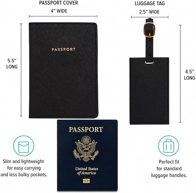 Eccolo Passport Cover Holder And Luggage Tag Set In Gift Box, Saffiano Classic Black | Faux Material, Adjustable Buckle Strap, Privacy ID Window, Slim Lightweight Build for Easy Carry