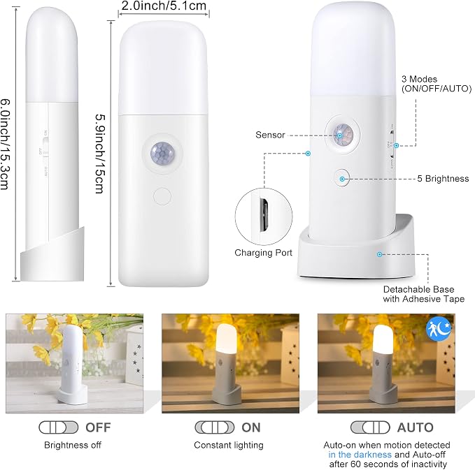 CREWEEL Motion Sensor Night Lights Indoor, Rechargeable Night Light Battery Powered, Portable Nightlight with Adjustable Brightness Activated Table Lamp for Kids, Adults, Bedroom, Bathroom(1Pack)