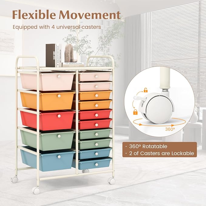 COSTWAY 15 Drawer Rolling Storage Cart, Mobile Storage Organizer | Removable Drawers & Metal Frame, Multipurpose Utility Tools Paper Organizer on Wheels for Home, Office (Macaron)