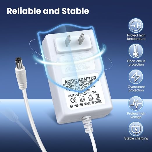 12V 2A Power Supply, 24W 12 Volt DC Power Adapter with On/Off Switch, 110V AC to 12V Wall Plug Transformer for LED Strip Lights with 5.5/2.1mm DC Female Connector