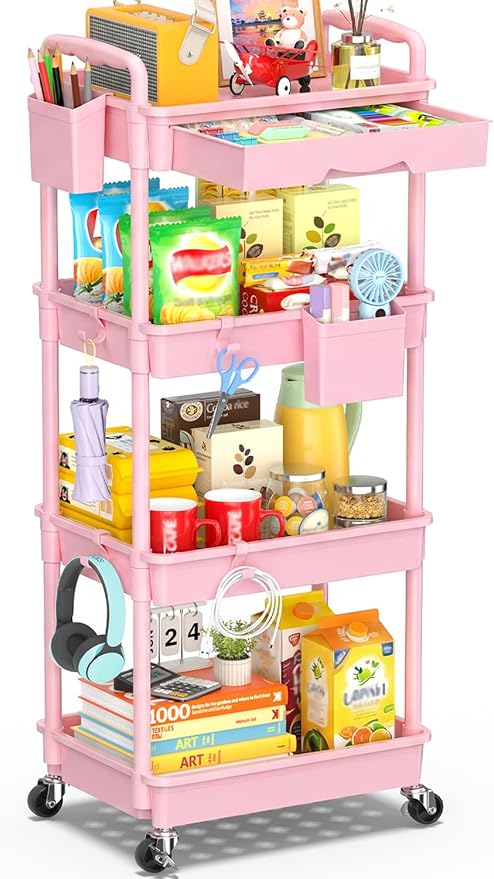 SUNALLY 4 Tier Rolling Cart with Drawer, Craft Storage Cart Organizer, Pink | Bathroom Storage Organizer with 2 Lockable Wheels, Rolling Utility Cart for Kitchen, Office, Baby, Makeup, Nail,Snack,Laundry