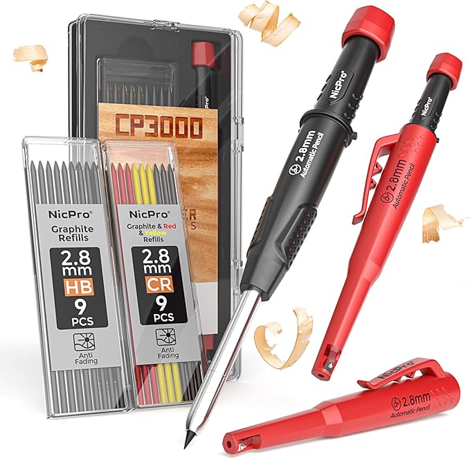 Nicpro Carpenter Pencil with Sharpener & Holster, Construction Pencil -Red | CP3000 Carpenter Mechanical Pencils+19 Refill, Deep Hole Marker for Construction, Heavy Duty Woodworking Tool for Marking