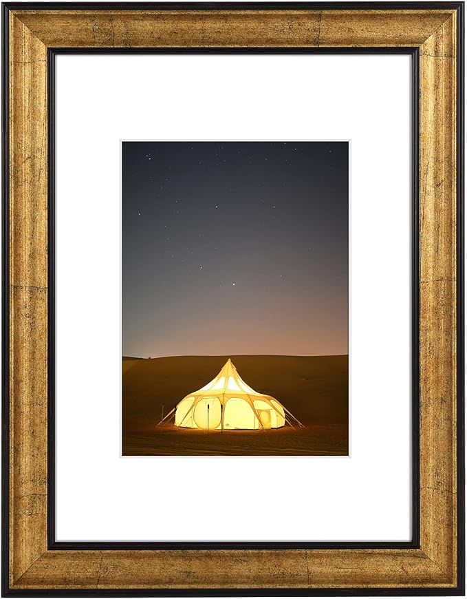 Golden State Art, 9X12 Photo Frame with White Mat for 6X8 Pictures & Real Glass, 1.25-Inch Wide, Antique Gold