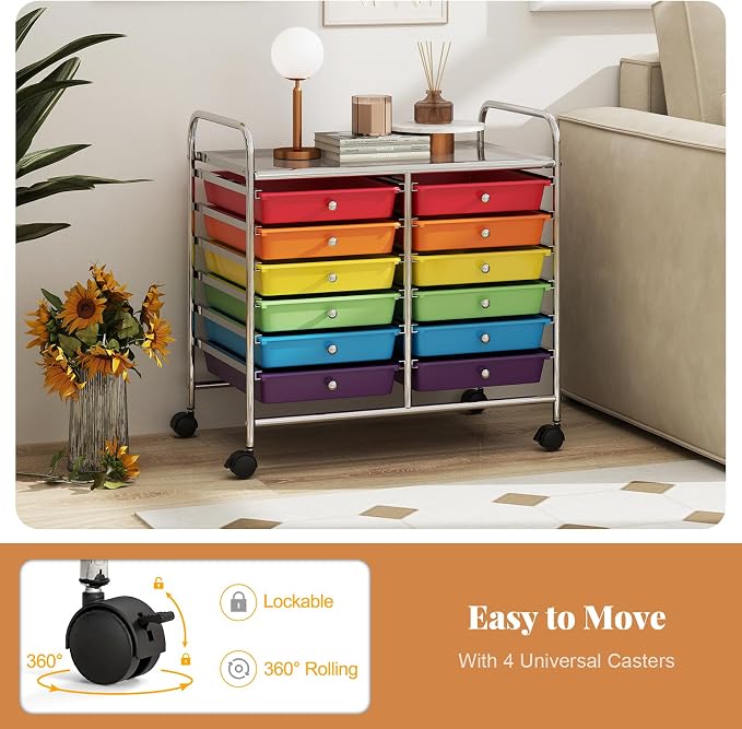 RELAX4LIFE 12-Drawer Rolling Storage Cart Mobile Craft Organizer Colorful | 24.5" Size, 4 Rolling Casters, Metal Frame, For School Teacher Office Salon Art File Supplies