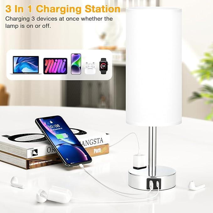 Touch Bedside Table Lamps Set of 2 - Bedroom Lamp with USB A+C, AC Outlet | 3-Way Dimmable, LED Bulb Included, White Fabric Lampshade, Sleek Silver Metal Base & Pole, 14" Small Nightstand Lamp for Desk
