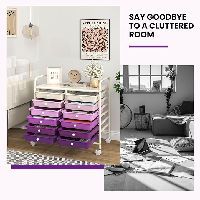 COSTWAY 12-Drawer Rolling Storage Cart, Utility Storage Organizer Cart | For Tools, Scrapbook, Paper, Craft, Multipurpose Art Supply on Wheels for Home Office School, Teacher, Purple Gradient