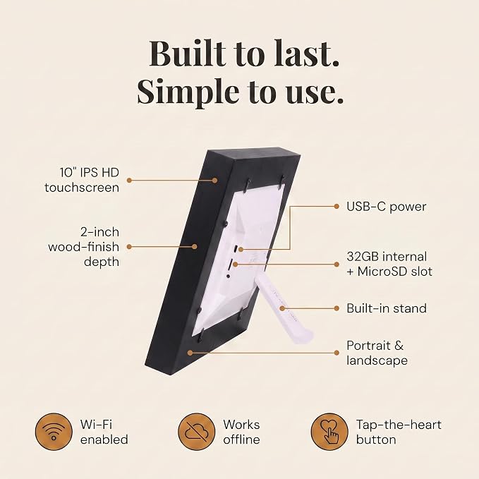 Heart Frame - 10.1 Inch WiFi Digital Picture Frame - Frameo App Sends Photos from Phone Anywhere in Seconds - 1280x800 IPS Touchscreen - 32GB Memory - Photo Gift for Mom Dad Wife Grandparents - Black