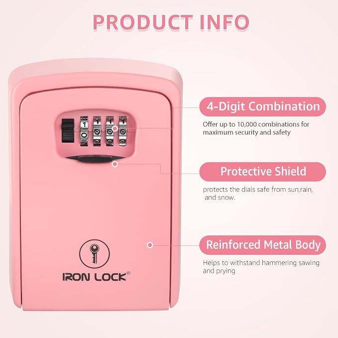 Iron Lock® XXL Wall Mount Key Lock Box, Outdoor Combination Code (Pink) | Fits 20-30 spares plus fobs & cards; unique built-in tray so keys don't fall out; dial cover; screws & anchors included