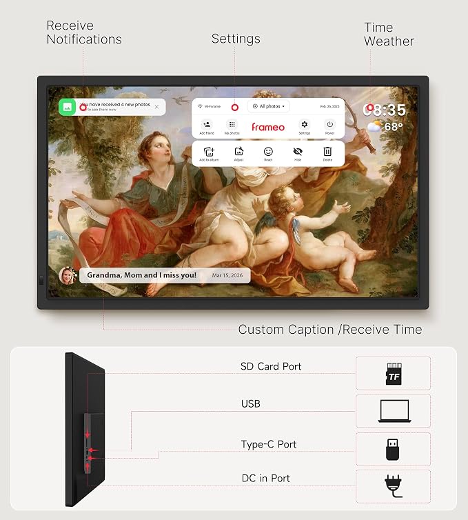 BIGASUO 32" Large Digital Picture Frame with FHD 1920x1080 Touch Display, 64GB Memory, 2.4G/5G WiFi, Instant Photo/Video Sharing via Frameo App, SD Card/USB Support, for Home/Art Galleries/Business