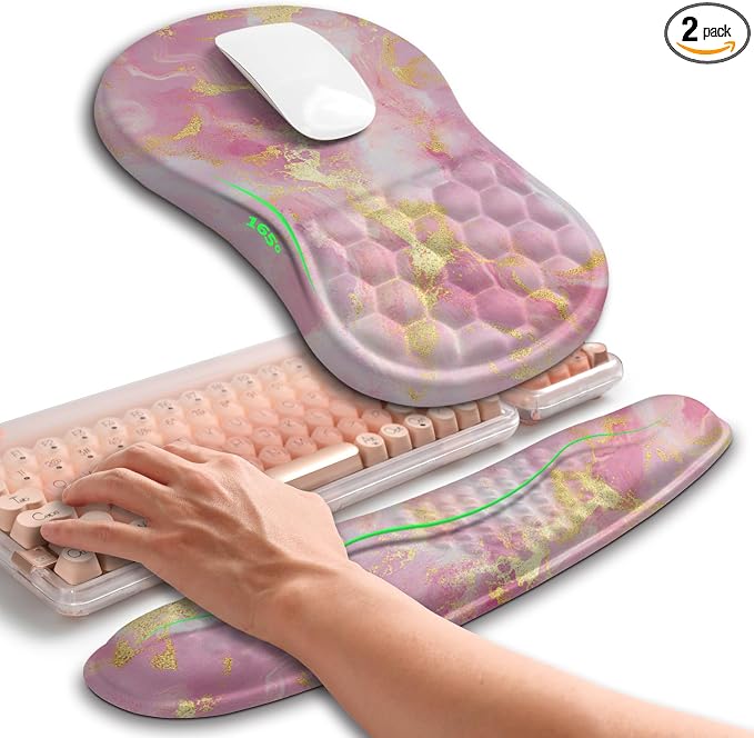 Hokafenle 2in1 Combination, Wave Keyboard Wrist Rest and Ergonomic Curvature Mouse Pad Wrist Support for Relieve Wrist Pain, Filled with Soft Cushion Memory Foam, Golden Pink Marble