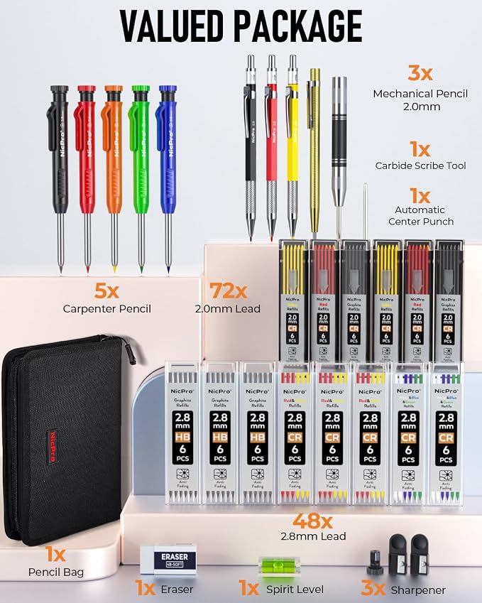 Nicpro 31 Pack Carpenter Pencil Set with Sharpener, Canvas Case | Mechanical Carpenter Pencils + 128PCS Refill, Carbide Scribe Tool, Heavy Duty Construction Pencils for Architect Woodworking