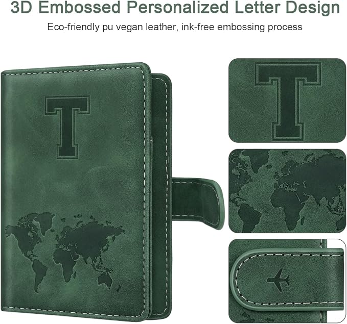 Passport Holder Wallet Cover Personalized Initial Travel Essentials | Embossed Letter A-Z Design, Travel Wallets, RFID Blocking, Passport Book Holders, Women and Men, Personalized Gifts, Green-T