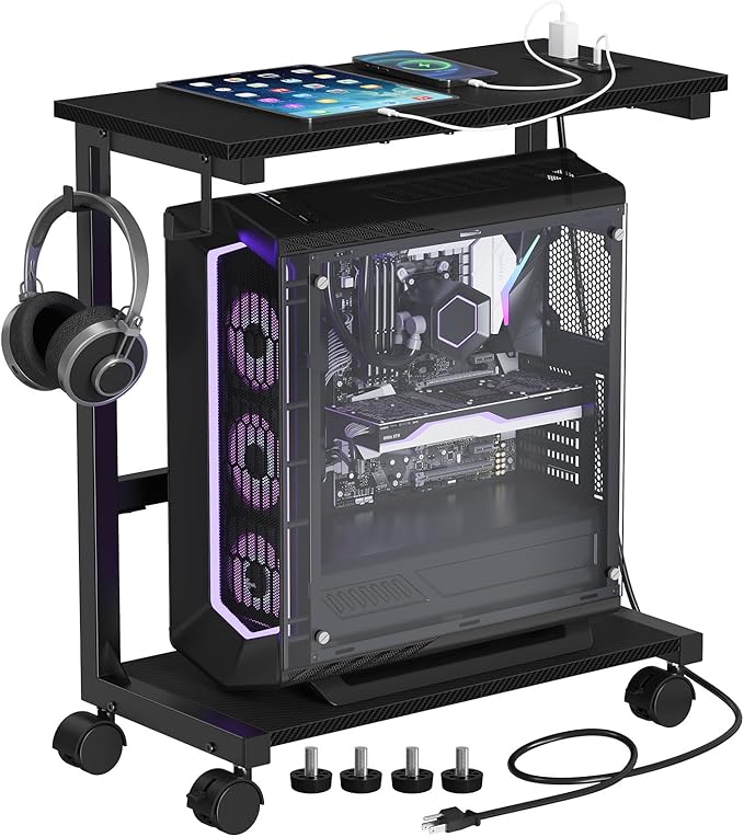 Snughome Computer Tower Stand with Charge Station, 25.0"-32.1" Height Ajustable PC Tower Stand for Floor, Mobile CPU Holder Cart for Carpet with Hooks, PC Cart for Gaming Office Home