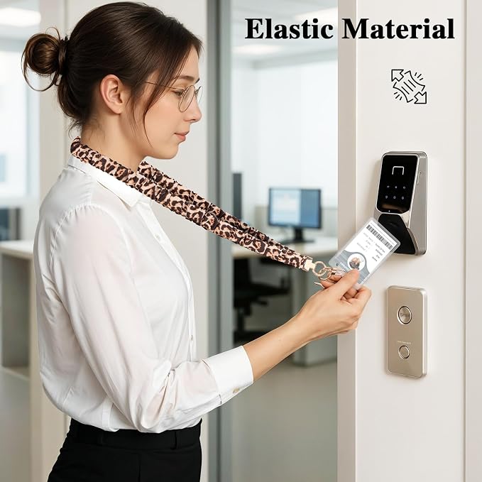 Scrunchie Lanyard for ID Badges & Keychain, Teacher Lanyards Leopard Print | Stretchy lanyard, retractable card access, 2 waterproof holders, phone tab and metal clip, soft for daily wear