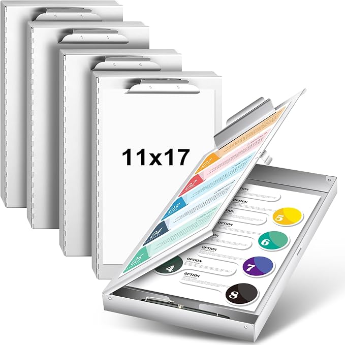 4 Pcs Aluminum 11'' x 17'' Clipboard with Storage Heavy Duty Metal Lightweight Form Holder with Capacity Clip 1 Compartment Clipboard for Student Teacher