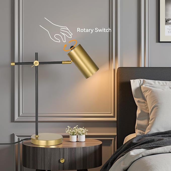 Modern Black and Gold Desk Lamp with Type C Charging Port, Minimalist Industrial Table Lamp with Swing Arm, for Study Room Home Office Bedroom Bedside Nightstand