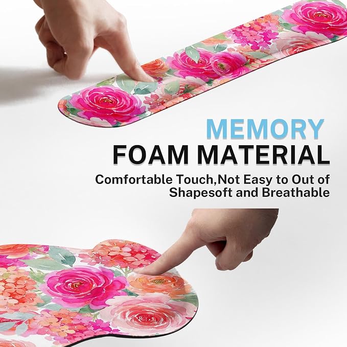 Ergonomic Mouse Pad Set with Wrist Rest, Pink Floral | Flower Peony Non-Slip Rubber Base Wrist Cushion Support and Coasters Mousepad with Wrist Support for Computer Keyboard