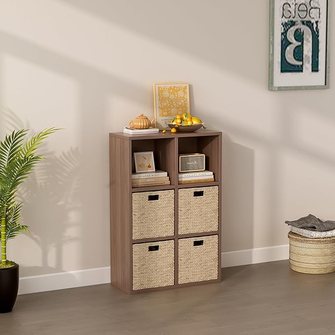 OSCHF 6-Cube Storage Shelf Bookcase - Wooden 3-Tier Floor Standing Open Bookshelf for Home and Office, Cuby Orgainzer, Walnut