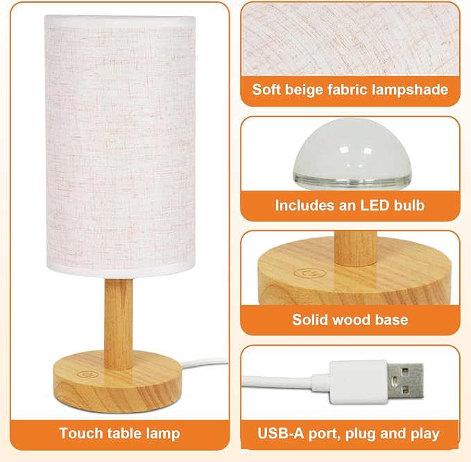 Small Touch Table Lamps Set of 2 with Stepless Dimming&USB Plug, Natural Round Wood Base & Linen Fabric Shade |Soft Ambient Night Light |Minimalist Boho Bedside Lamp for Bedroom,Nursery,Kitchen,Dorm