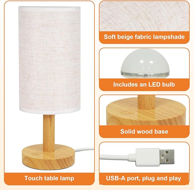 Small Touch Table Lamp with Stepless Dimming&USB Plug,Natural Round Wood Base&Linen Fabric Shade |Soft Ambient Warm Night Light|Minimalist Boho Bedside Lamp for Bedroom,Nightstand,Nursery,Kitchen,Dorm