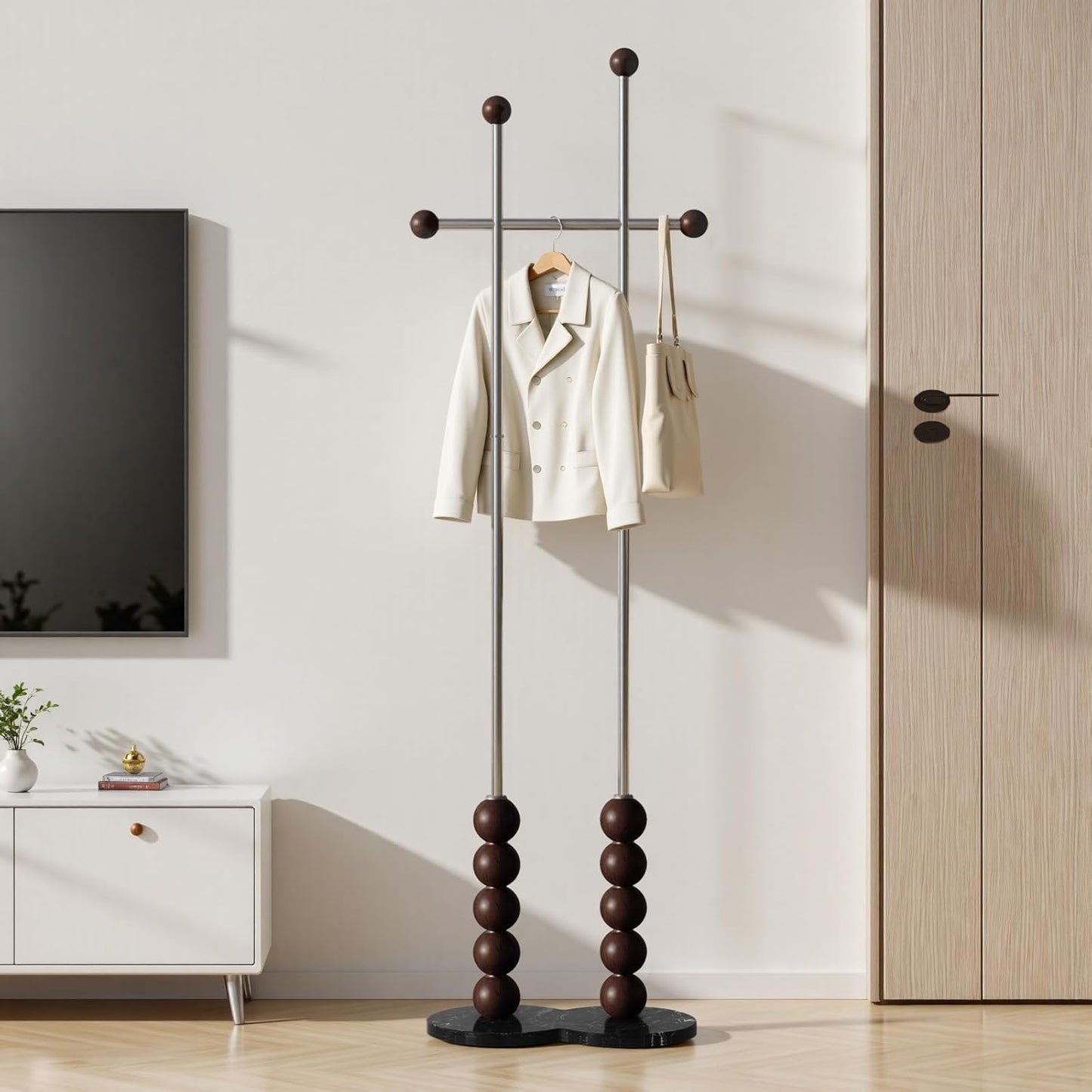 Metal Freestanding Coat Rack with Stainless Steel Double Rods & Marble Base, Hanging Clothes Rack for Entryway, Hallway, Bedroom, Living Room, Steel and Wood