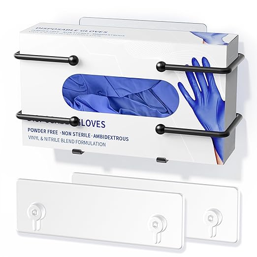 Glove Box Holder, Adhesive Wall-Mounted Metal Dispenser, Black | Tool-Free Adhesive Wall Mount Metal Glove Box Holder for Latex Rubber Gloves, Facial Tissues and Wipes Storage