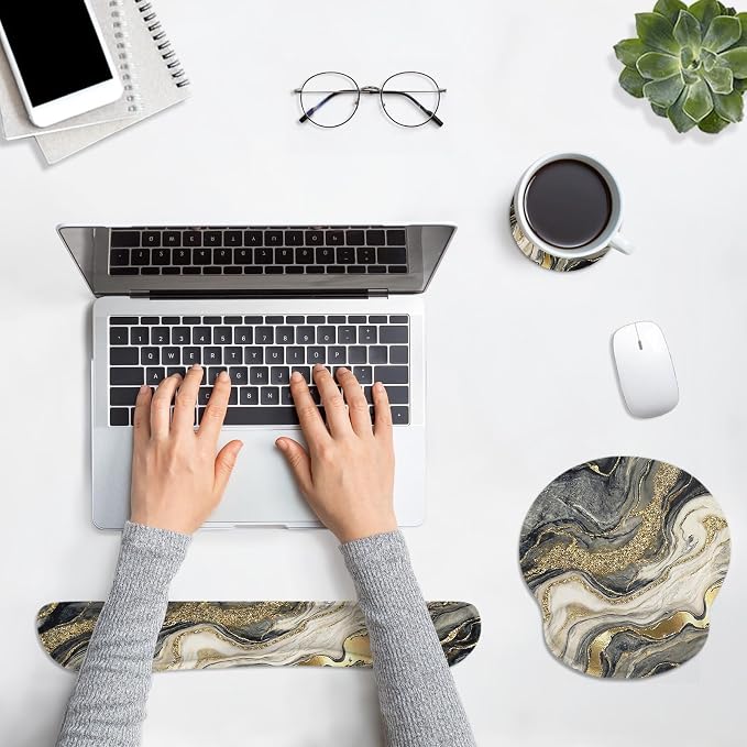Ergonomic Mouse Pad Set with Wrist Rest, Black Gold Marble | Abstract Non-Slip Rubber Base Wrist Cushion Support and Coasters Mousepad with Wrist Support for Computer Keyboard