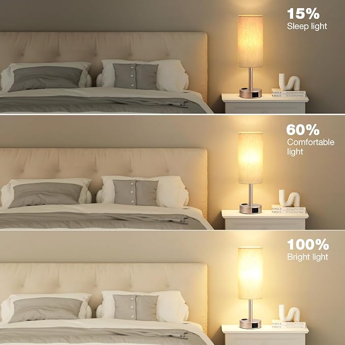 Bedside Table Lamp for Bedroom - 3 Way Dimmable Touch Lamp USB C Charging Ports and AC Outlet, Small Lamp Gold Base Round Flaxen Fabric Shade for Living Room, Desk, LED Bulb Included