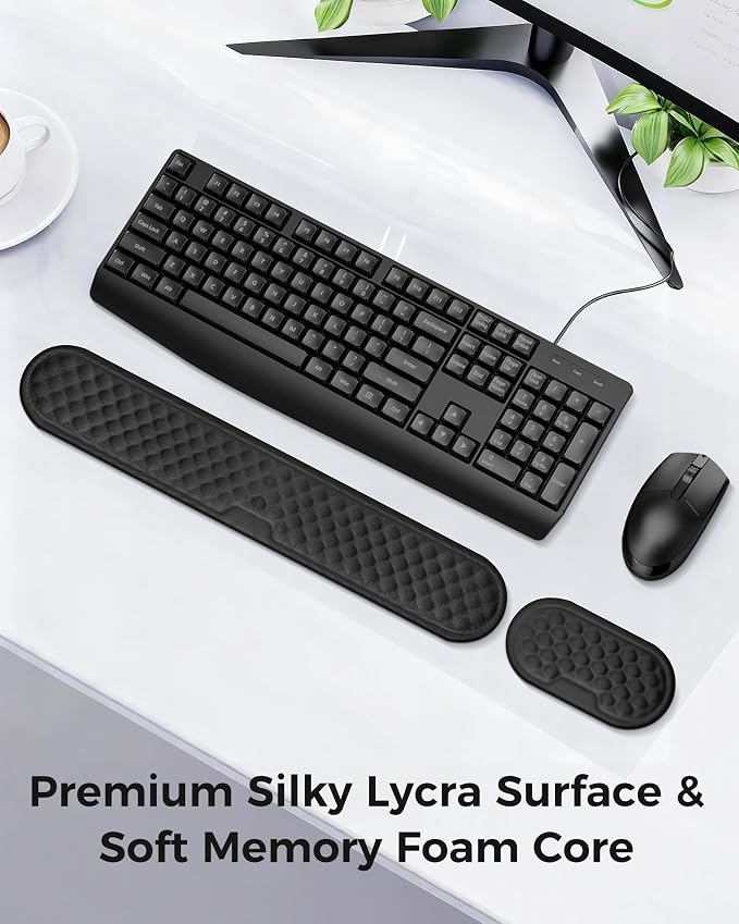 Ergonomic Wrist Support for Computer Keyboard and Mouse, 2-Piece Set | 3D textured Lycra surface, high-density memory foam, non-slip PU base, elbow and forearm support, for work and gaming