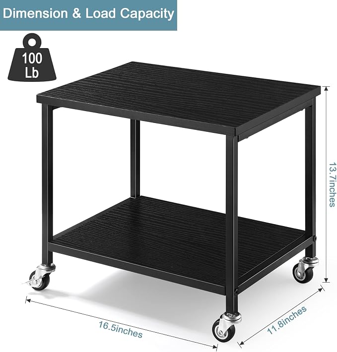 BTY Under Desk Printer Stand Small Printer Table with Storage Shelf 2 Tier Rolling Printer Stand Rack with Lockable Wheels for Office Home Scanner Printer (Black)