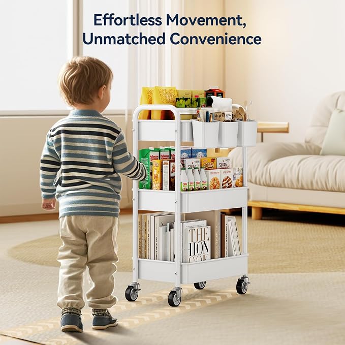 3 Tier Rolling Cart, Heavy Duty Metal Utility Cart with Wheel White | Sturdy Rolling Storage Cart With Hooks & Hanging Cups, Great For Craft, Art Workspace, Kitchen ,Snack And Office Storage