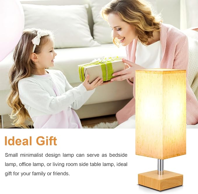 Wood-Grain Small Bedside Lamp for Bedroom - Square Cream Fabric Shade | Inline Rocker Switch, Corded Electric, Bulb Not Included, 12.8" Mini Table Lamp for Nightstand, Desk, Dorm, Office