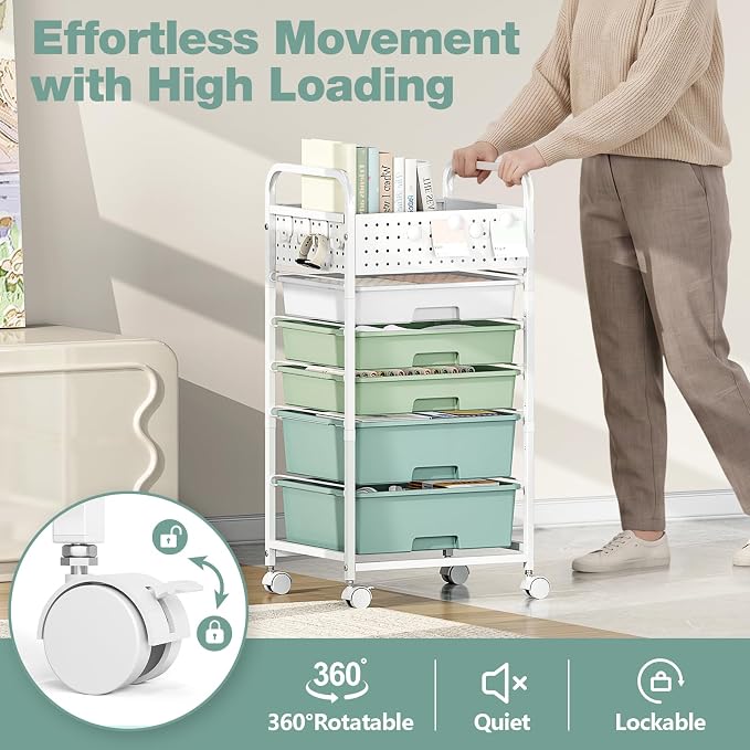 5 Drawer Rolling Storage Cart with Pegboard Top and Hooks, Gradient Green | Mobile Organizer Cart with Wheels for Office Supplies, Craft Storage, Classroom Organization, Home Utility Cart