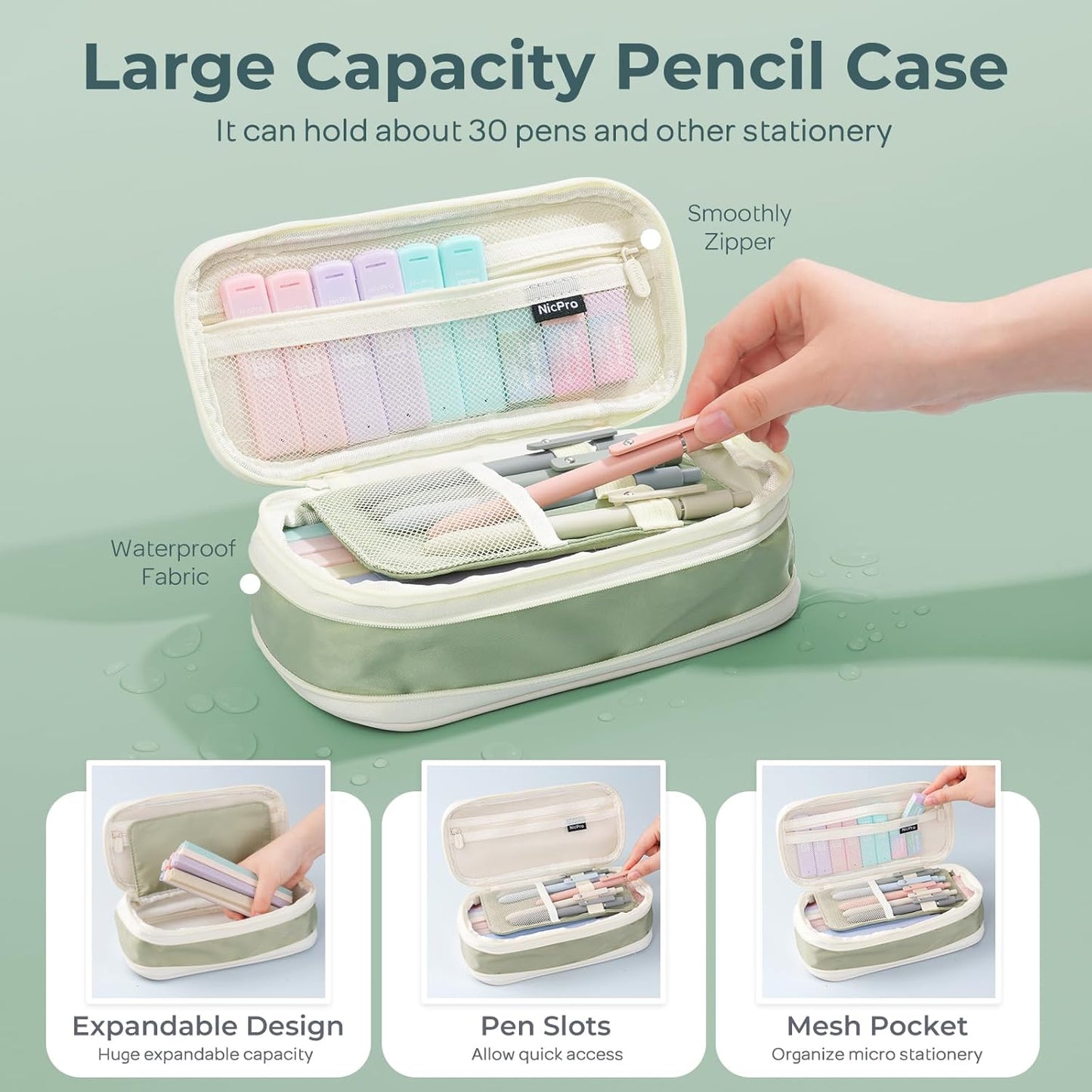Nicpro 50PCS Aesthetic School Supplies with Cute Pencil Case, 5 Quick Dry Black Ink Pens, 12 Pastel Highlighters, 6 Mechanical Pencil 0.5, 0.7, 0.9 & 2.0 mm for Students Stationary College Essentials