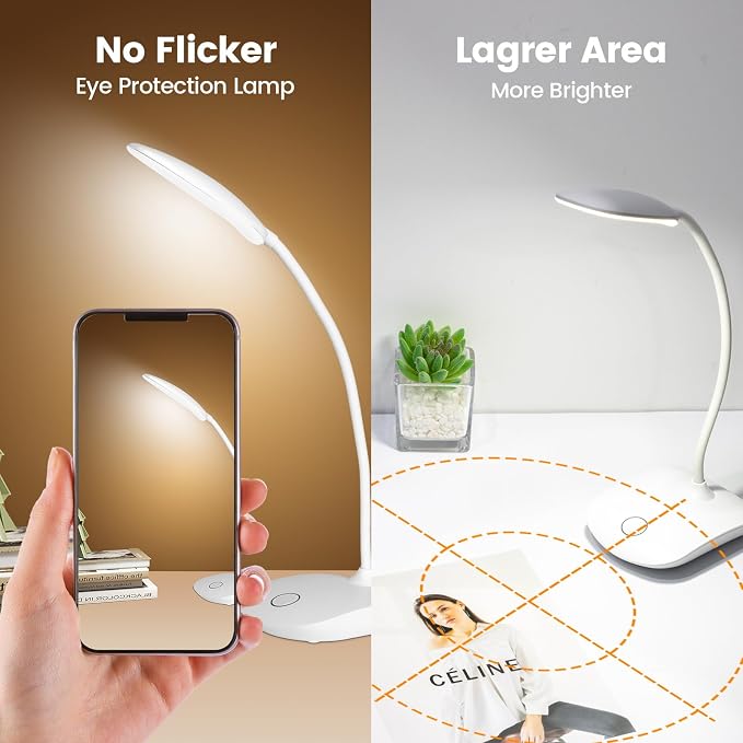 Portable Battery Powered Desk Lamp Small Rechargeable LED Table Light | 400 Lumen Eye Care,3 Color Temperatures,Stepless Touch Dimming,360° Adjustable for Nail Study Dorm Office Bedroom,White 1 Pcs