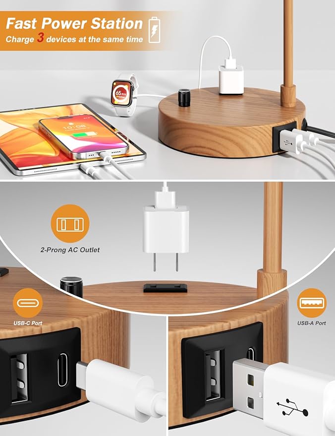 Innqoo Wood Table Lamp for Bedroom with USB Port and Outlet, Dimmable Nightstand Bedside Lamps with Linen Lampshade, Desk Lamp for Home Office, Living Room, Guest Room, LED Bulb Included