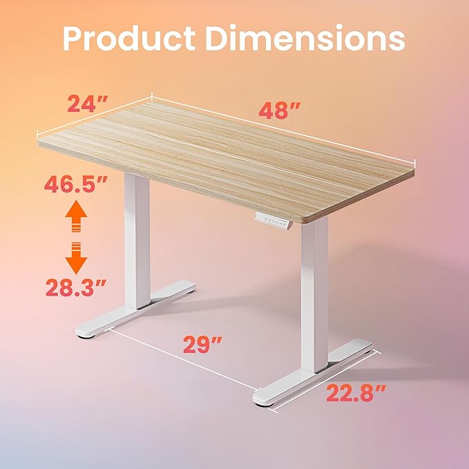 HUANUO 48" x 24" Electric Standing Desk Adjustable Height, 4 Memory Height Settings, Headphone Hook, Cable Manager, Sit Stand Up Desk for Home Office & Computer Workstation, Natural