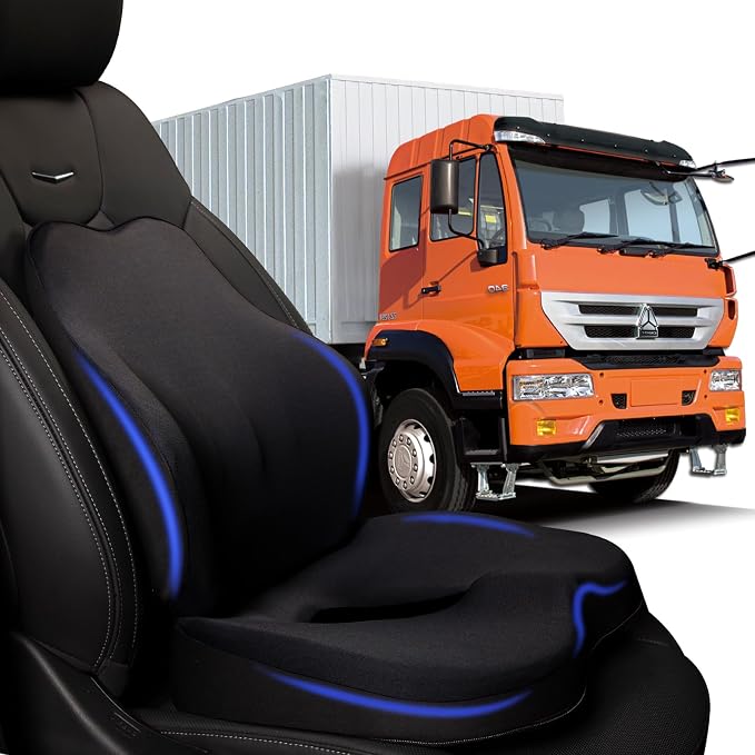 MINUPWELL Truck Seat Cushion, 2PC Non-Integrated 100% Memory Foam Seat Cushion for car with Lumbar Support Pillow, Semi Truck car Accessories, Car Cushion for Long Driving, Office Chair, Tailbone