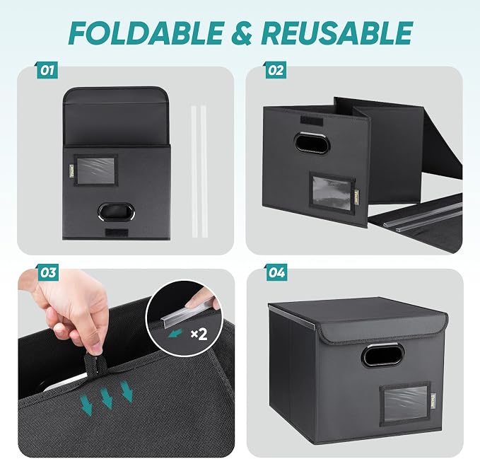 BALEINE File Organizer Box with Lid, Collapsible Hanging File Storage Box | Smooth Plastic Rails, Textured Fabric Exterior, Collapsible Hanging File Folder Box for Office Document Storage