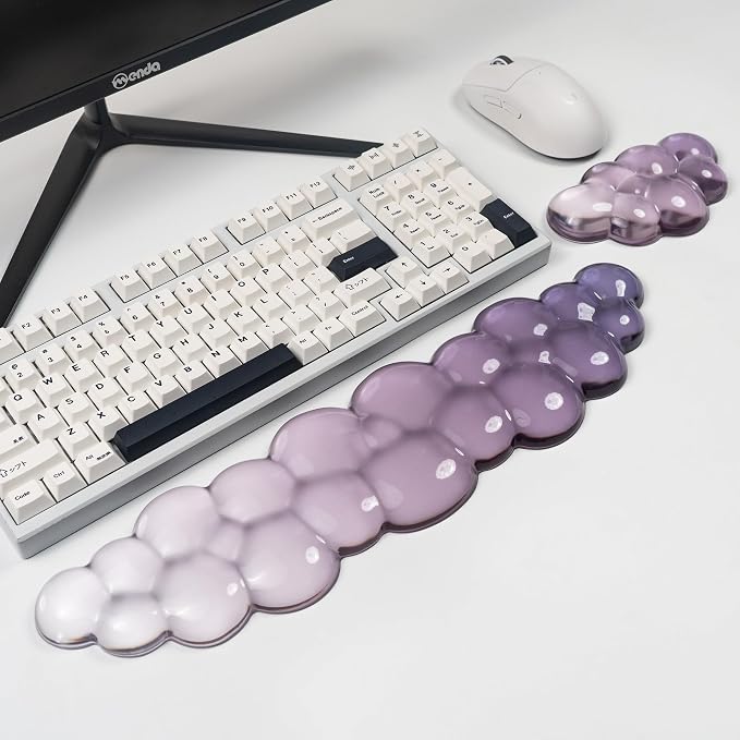 Ergonomic Cloud Silicone Gel Keyboard and Mouse Wrist Rest Set – Clear Wrist Rest for Computer Keyboard 60%/68%/75%, Comfort & Support for Typing and Gaming (Grey Purple)