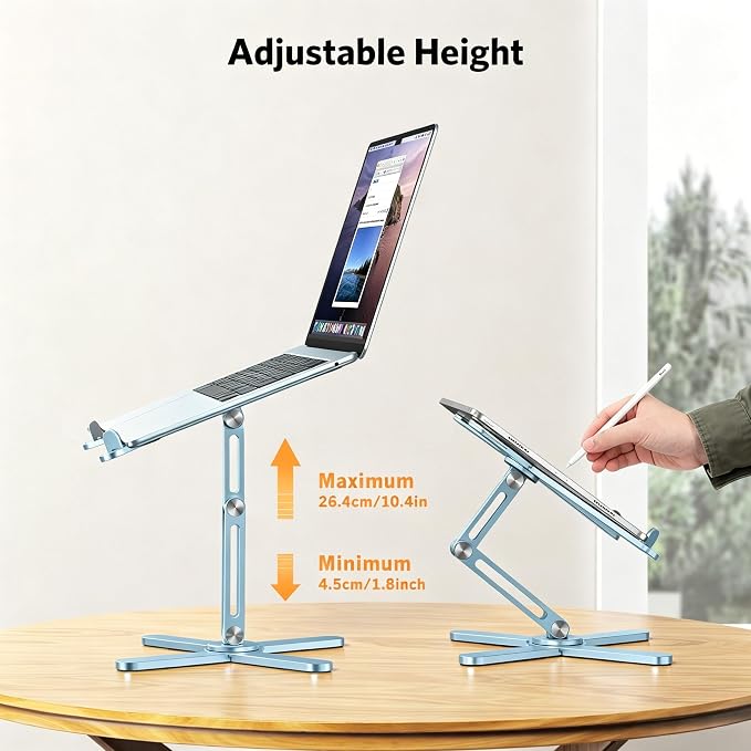 OMOTON LA10 360° Rotating Laptop Stand Riser Foldable for Desk, Sky Blue | Aluminium Aolly, Adjustable Height Angles, Collaborative Work, Easy Storage, Fits Laptops up to 17", for MacBook Pro/Air HP