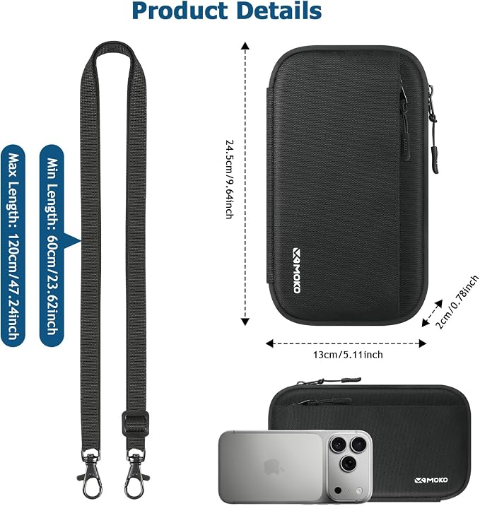 MoKo Family Passport Holder for 8, RFID Blocking Wallet with Airtag Hole | Passport Travel Wallet with Airtag Hole & Shoulder Strap, Travel Documents Organizer for Tickets, Cards, Cash, Keys, Black